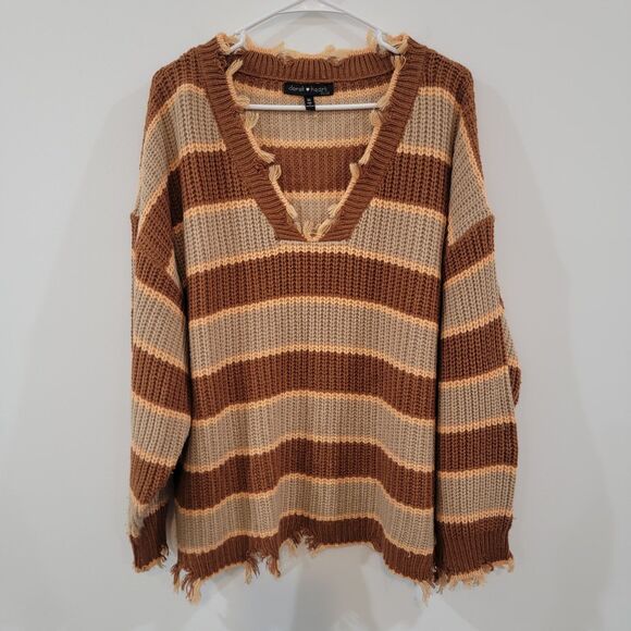 Womens Sweater Size 3X Fringe Slouchy V Neck Neutral - Picture 1 of 7